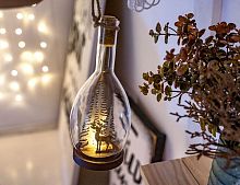Новогодний светильник бутыль "Олень на опушке", стекло, дерево, тёплый белый LED-огонь, 9х9х22 см, батарейки, Peha Magic