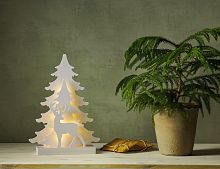 Декоративный новогодний светильник GRANDY - ОЛЕНЬ И ЁЛОЧКИ, деревянный, белый, 15 холодных белых LED-огней, 41х29 см, таймер, батарейки, STAR trading
