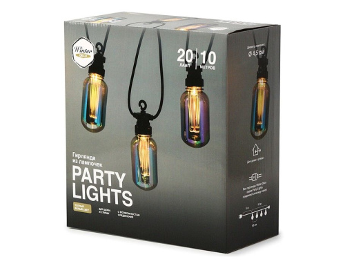 Светодиодная гирлянда из лампочек Party Lights - БАРАТОЛЛИ 'бензиновая', 20 тёплых белых LED-огней, 10 м, коннектор, чёрный провод, уличная, Winter Deco фото 3