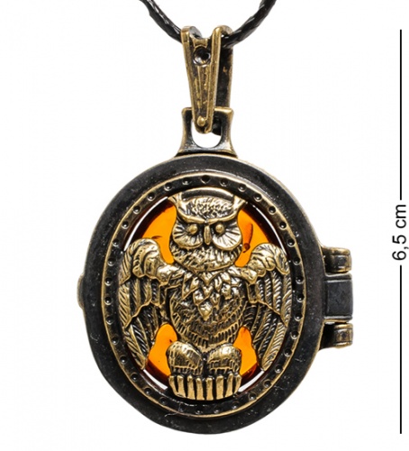 AM-1745 Подвеска "Медальон Филин" (латунь, янтарь)