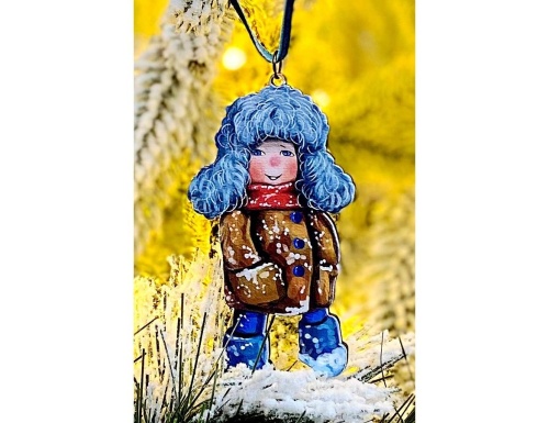 Елочная игрушка Мальчик в меховой шапке - Зимние Каникулы 10 см, дерево, подвеска, Winter Deco