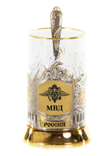 Набор для чая от производителя "МВД" - набор (3 предмета) с материалами: сталь, хрусталь, позолота, серебро, золото, модель 50106008, размер подарочной коробки: 158,514,5см, высота подстаканника со стаканом 13см, цвет жёлтый