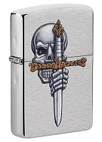 Зажигалка Zippo Sword Skull Desig с покрытием Brushed Chrome, латунь/сталь, серебристая, 38x13x57 мм