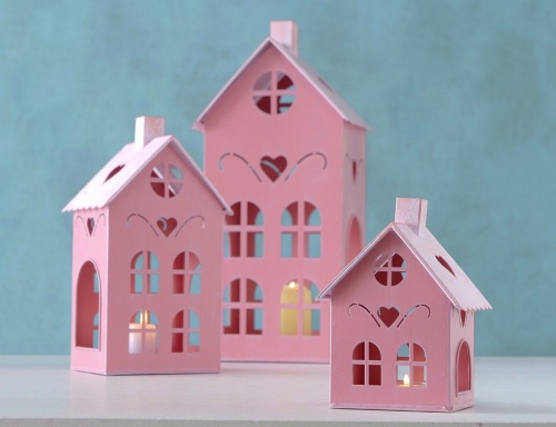 Подсвечники-домики "Кюфштайн" металлические, розовые, комплект - 3 домика, 15-40 см, Boltze фото 6