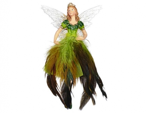 Ёлочная игрушка "Фея лесного волшебства", полистоун, текстиль, перо, зелёная с тёмно-коричневым, 18 см, Goodwill