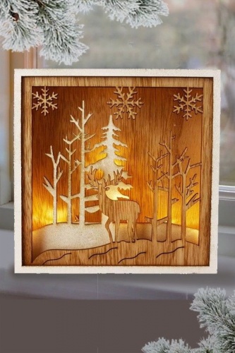 Светящаяся новогодняя декорация "Олень и снежинки" квадратная, дерево, 6 тёплых белых LED-огней,3х15х15 см, батарейки, Peha Magic фото 2