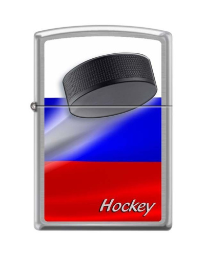 Зажигалка ZIPPO Российский хоккей, латунь/сталь с покрытием Brushed Chrome, серебристая, 36x12x56 мм, 200 RUSSIAN HOCKEY PUCK