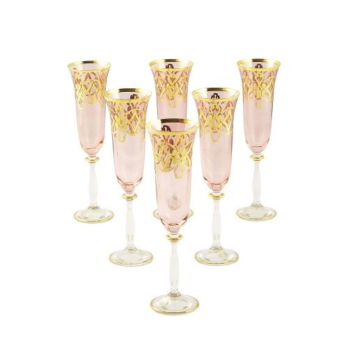 VENEZIA Бокал для шампанского, набор 6 шт, хрусталь розовый/декор золото 24К