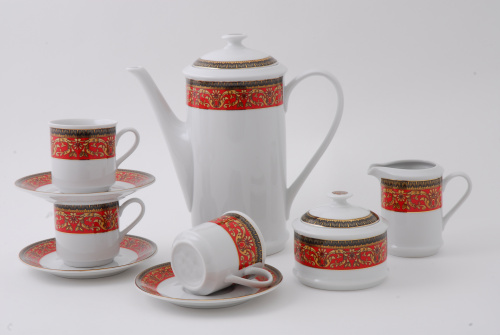 Кофейный сервиз Leander "Сабина" 15 предметов из Чехии 02160714-0979, красный и белый