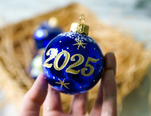 Набор ёлочных шаров ПРИВЕТ, 2025!, стекло, синий, 75 мм, 3 шт., Елочка фото 2