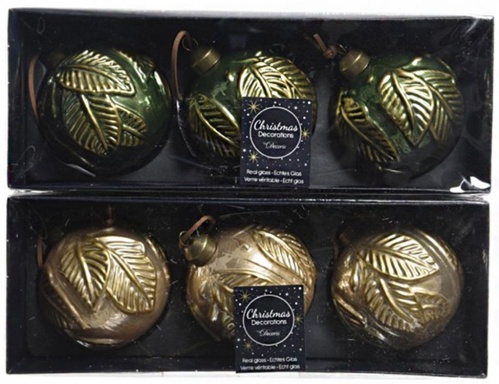 Набор ёлочных шаров "Благородная листва", стекло, 8 см (упаковка 3 шт.), разные модели, Kaemingk фото 2