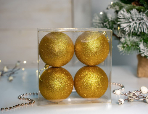 Набор однотонных пластиковых шаров, глиттер, золотой, 100 мм, упаковка 4 шт., Winter Deco фото 3