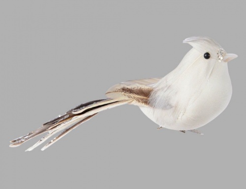 Ёлочная игрушка "Птичка с хохолком" на клипсе, перо, белая с коричневым хвостиком, 20x7x6 см, Kaemingk фото 2