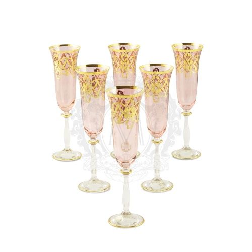 VENEZIA Бокал для шампанского, набор 6 шт, хрусталь розовый/декор золото 24К фото 2