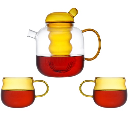 Чайник стеклянный с двумя чашками, 1,2 л, желтый фото 6