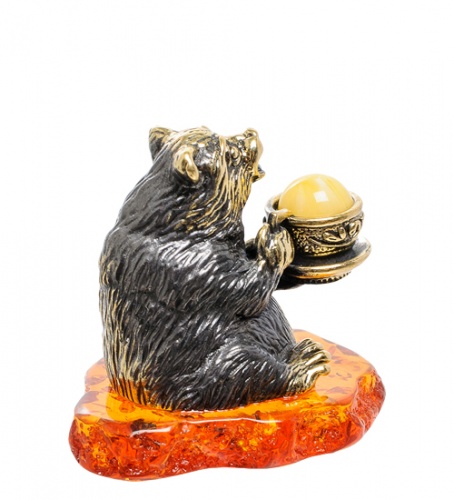 AM-1859 Фигурка "Медведь с чаем" (латунь, янтарь) фото 2