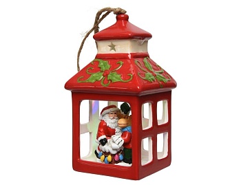 Светящаяся ёлочная игрушка "Санта в домике", керамика, полистоун, RGB LED-огни, 9x9x17 см, батарейки, таймер, Kaemingk