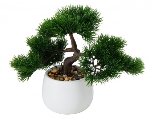 Искусственное растение "Бонсай сосна" в белом кашпо, пластик, керамика, 28х15х25 см, Boltze
