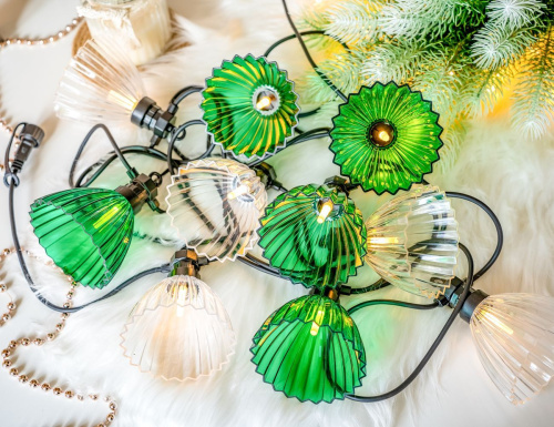Светодиодная гирлянда из лампочек Party Lights - ФЛЮТЕД БЕЛЛЗ, 10 тёплых белых LED-огней, 5 м, коннектор, чёрный провод, уличная, Winter Deco фото 6