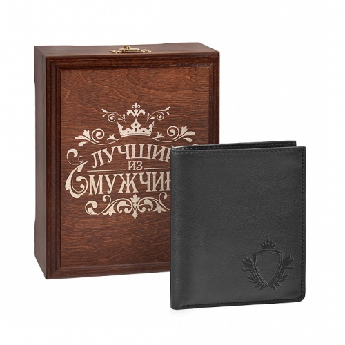 Бумажник мужской, черный, "Дворянский Герб", в деревянной шкатулке с гравировкой "Лучший из мужчин" фото 2