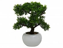 Элитное искусственное растение "Бонсай" (лиственный) в белом кашпо, пластик, керамика, 32х33 см, Boltze