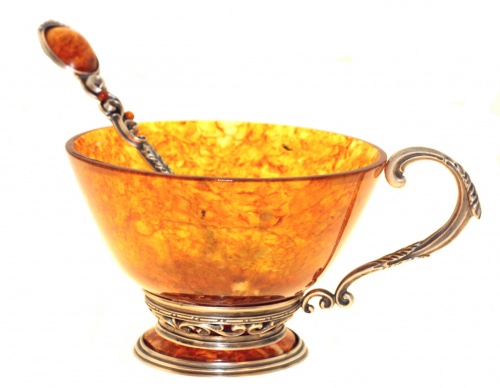 Чашка чайная ажурная из янтаря с ложкой, 3602 фото 2