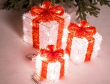 Светящиеся подарочные коробки ТРУА КАДО с бантами, тёплые белые LED-огни, 20-30 см, таймер, батарейки, Kaemingk (Lumineo)