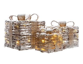 Набор светящихся украшений "Подарки-подарочки" из ротанга, заснеженные, 65 тёплых белых LED-огней, 30/25/20 см, таймер, батарейки, Kaemingk