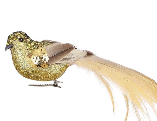 Декоративная птичка ДИТЯ СОЛНЦА на клипсе, перо, золотая, 22 см, Edelman фото 2