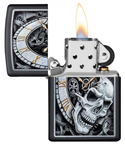 Зажигалка Zippo Skull Clock Design с покрытием Black Matte, латунь/сталь, чёрная, матовая, 36x12x56 фото 6