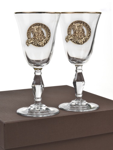 Набор бокалов для вина/шампанского "Ретро" с золотой обводкой ( 2 шт.) с накладкой "Тигр" латунь, упаковка пейсли фото 5