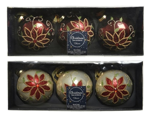 Набор стеклянных ёлочных шаров "Бисерные пуансеттии", 8 см, упаковка 3 шт, Kaemingk фото 3