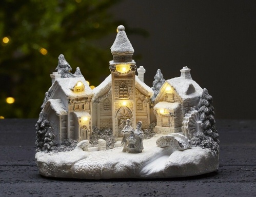 Светящаяся миниатюра "Дворик у церквушки" с тёплыми белыми LED-огнями, полистоун, таймер, батарейки, 18х24 см, STAR trading