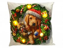Светящаяся подушка "Новогодние щенок и котёнок", 5 тёплых белых LED-огней, 45х45 см, Peha Magic
