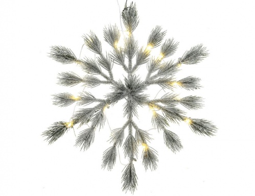 Хвойная композиция "Снежинка - сосновые кисточки" заснеженная, 20 прозрачных огней, литая хвоя  (100% PE), 39 см, Kaemingk