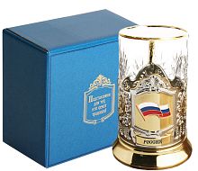 Стаканы "Набор для чая (3 предмета) с накладкой 'Флаг триколор' (алюминий), позолоченный, в картонной коробке