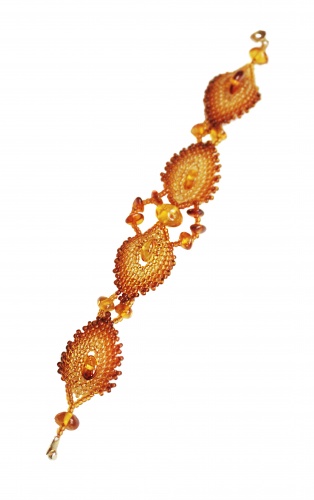 Плетеное бисерное колье с большим цветком из натурального янтаря, 11031-1 фото 4