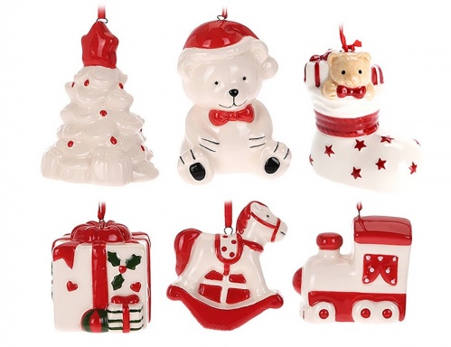 Набор керамических игрушек "Рождественская сказка", бело-красный, 5.5х3.5х5 см (упаковка 6 шт.), Koopman International