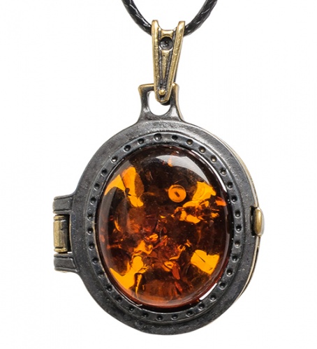 AM-1745 Подвеска "Медальон Филин" (латунь, янтарь) фото 2