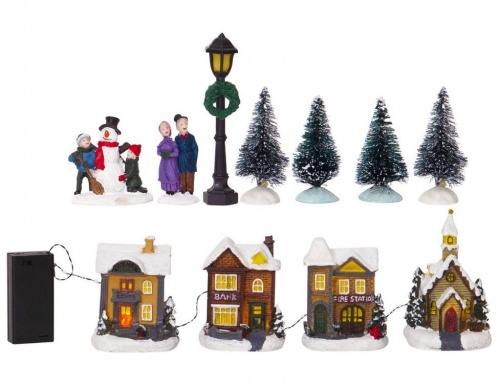 Светящаяся композиция "Зима в деревне" (цветная) с тёплыми белыми LED-огнями, полистоун, батарейки, в наборе 11 предметов, STAR trading фото 3