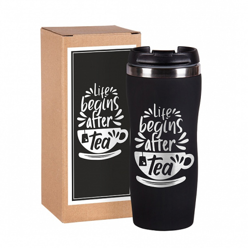 Термокружка "Life Begins After Tea" в красном и чёрном цветах, изготовленная из нержавеющей стали, представленная в подарочной упаковке