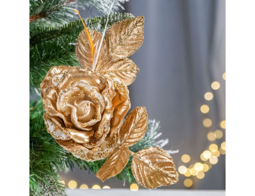 Искусственная роза АЙСЛЕНД на клипсе, золотая, 28 см, Winter Deco фото 2