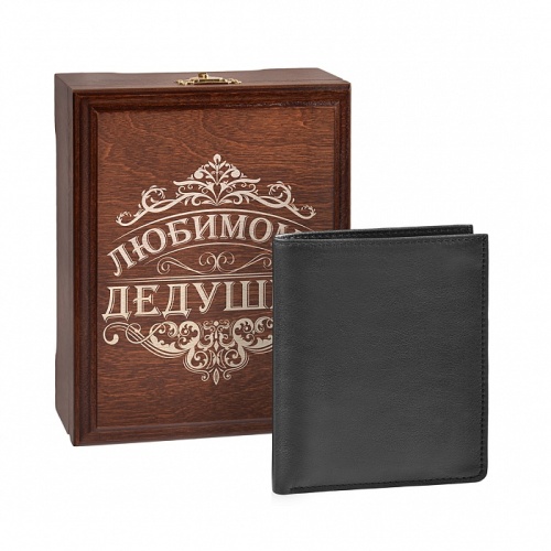 Бумажник мужской, черный, без клише, в деревянной шкатулке с гравировкой "Любимому дедушке"" фото 5