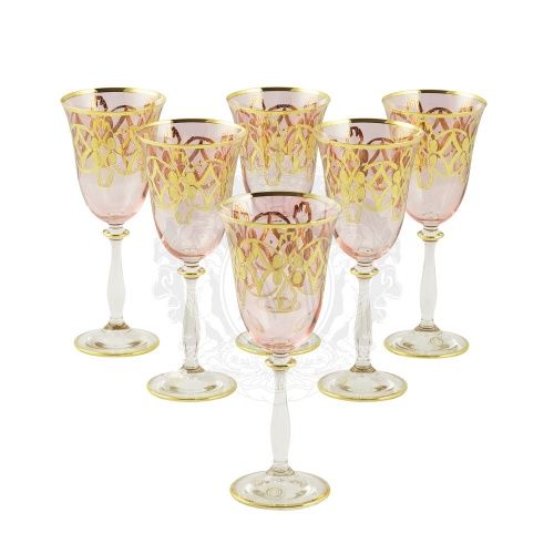 VENEZIA Бокал для вина/воды, набор 6 шт, хрусталь розовый/декор золото 24К фото 2