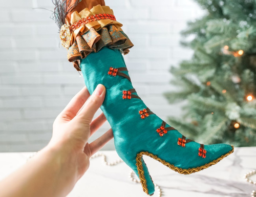Ёлочная игрушка САПОЖОК КОКЕТКИ, текстиль, бирюзовый, медный, 29 см, Winter Deco фото 2
