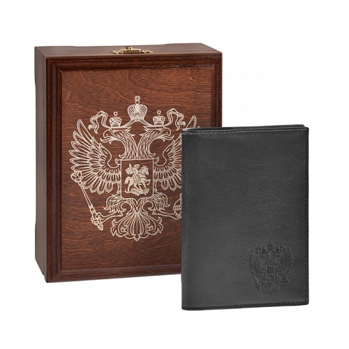 Обложка для паспорта, черная, "Герб РФ", в деревянной шкатулке с гравировкой фото 2