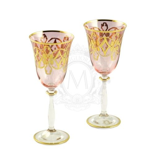 VENEZIA Бокал для вина/воды, набор 2 шт, хрусталь розовый/декор золото 24К фото 2