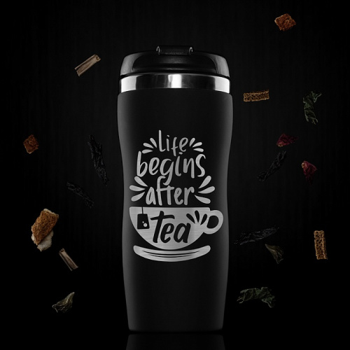 Термокружка "Life Begins After Tea" в красном и чёрном цветах, изготовленная из нержавеющей стали, представленная в подарочной упаковке фото 2