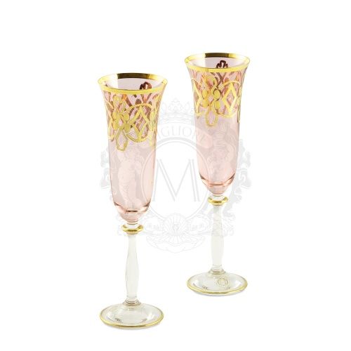 VENEZIA Бокал для шампанского, набор 2 шт, хрусталь розовый/декор золото 24К фото 2