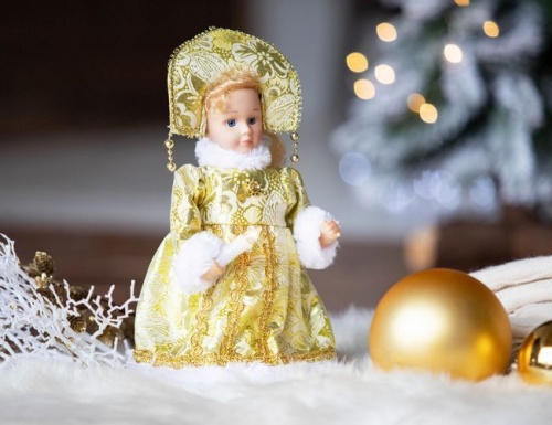 Снегурочка в золотом костюме с кокошником, анимация, звук, 30 см, Новогодняя сказка фото 2